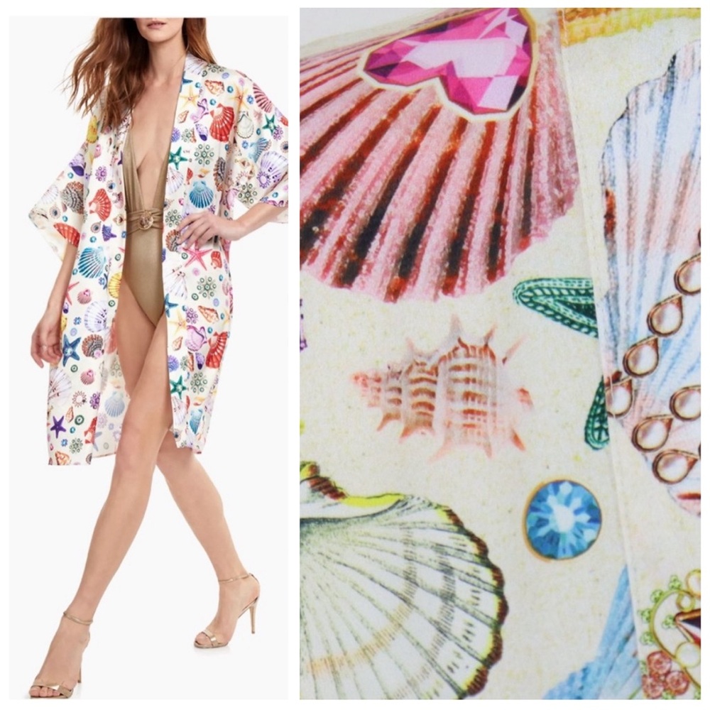 Gottex White Multi Sands Jewel Shell Print Kimono Coverup with Belt Size XL